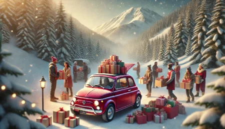 Volontari caricano regali in Fiat 500 sulle Alpi
