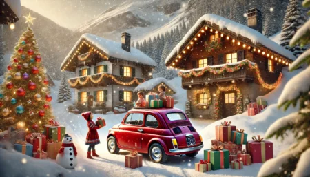 Bambini festeggiano i regali, Fiat 500 nel villaggio alpino