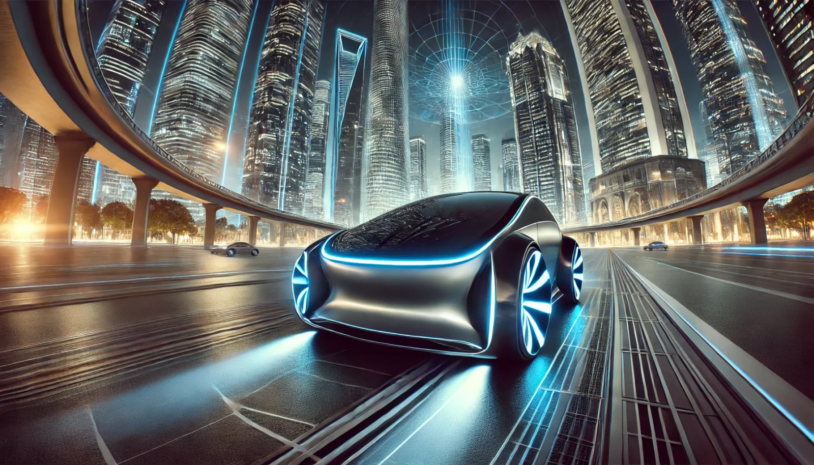 auto a guida autonoma livello 5 su strada urbana futuristica di notte